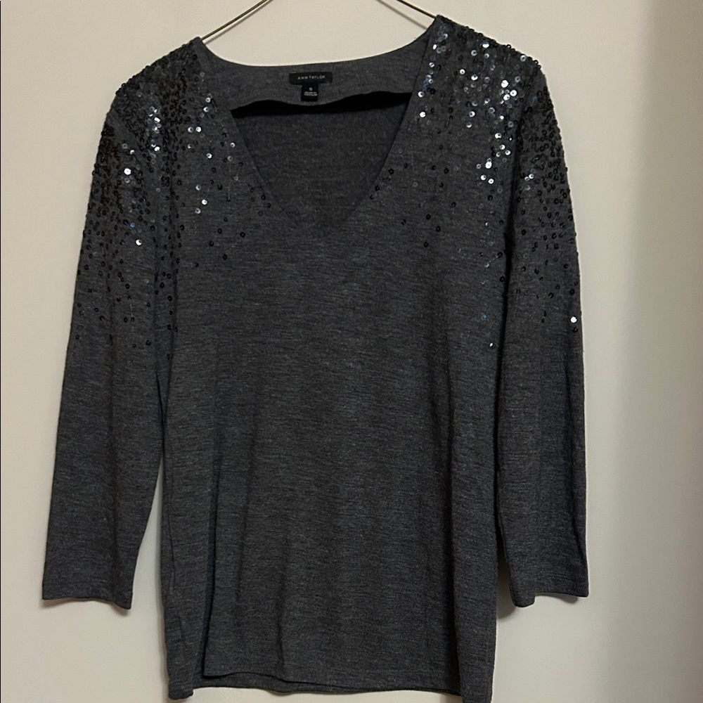 Ann Taylor grey long sleeved sequined teeshirt rayon/polyester  size  small